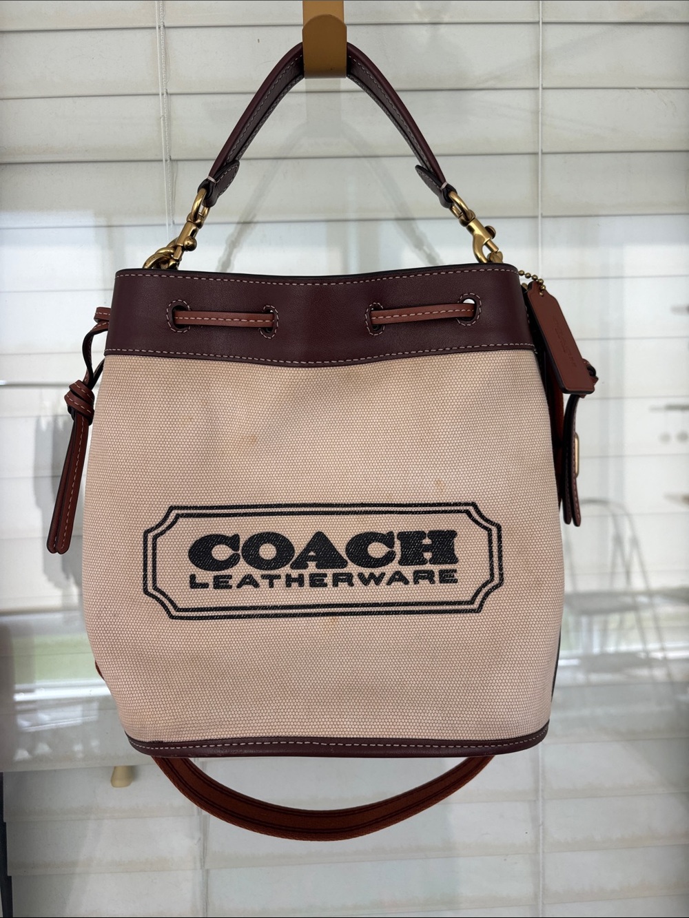Coach Beige Canvas and Brown Leather Bucket Shoulder Bag w/crossbody strap
